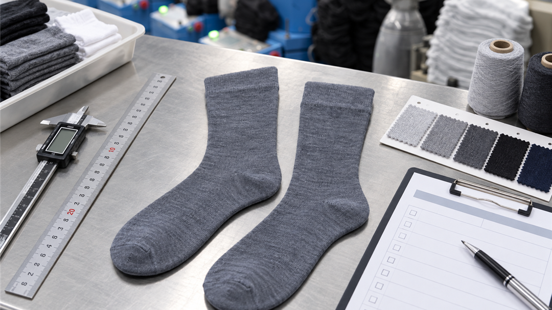 Grey sock samples with measuring tools and an inspection record at a QC workstation