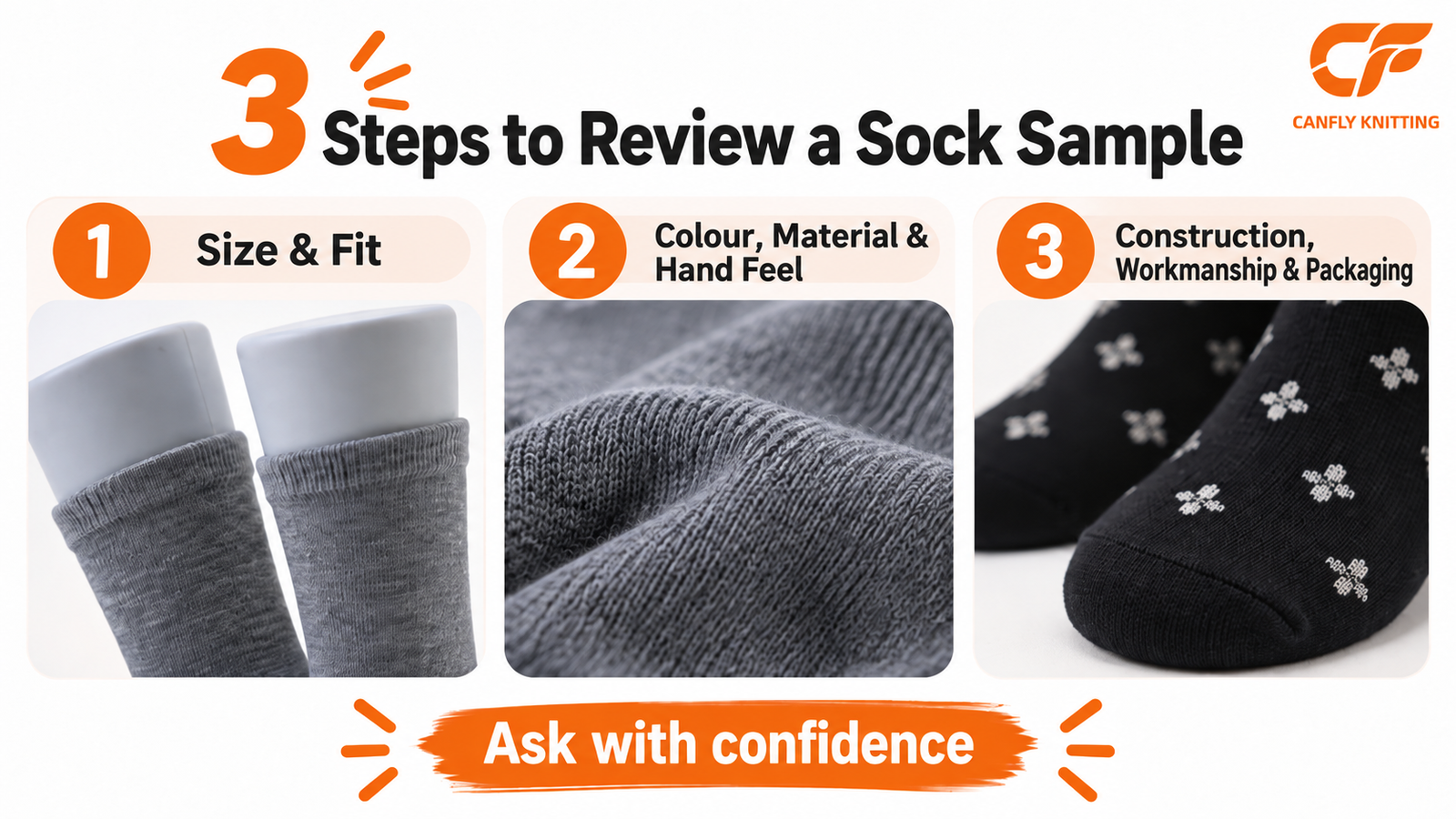 Three-step sock sample review checklist by Canfly Knitting