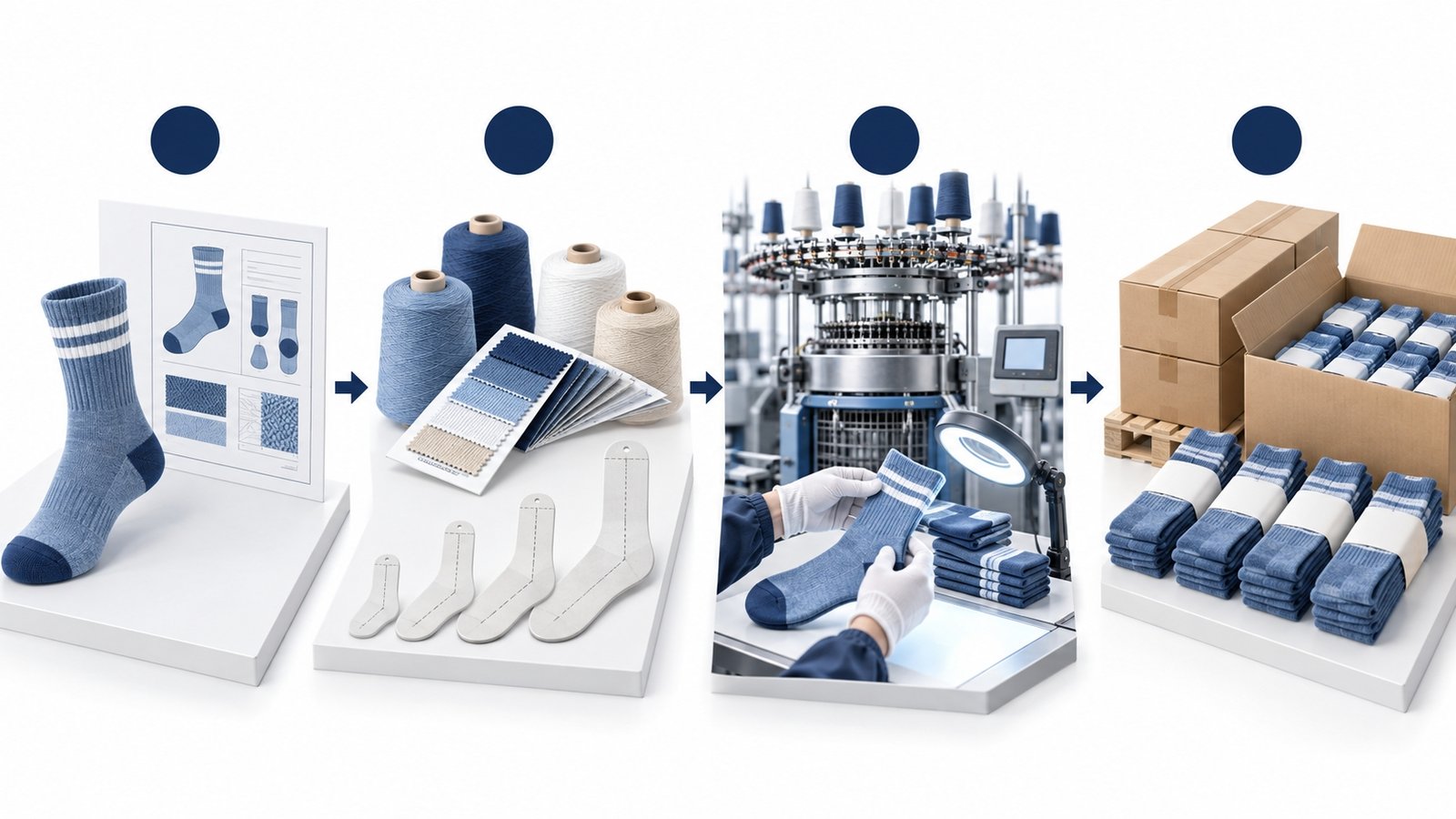 Four-stage workflow from approved sock sample to bulk production