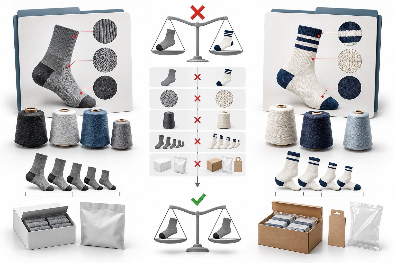 Comparison of custom sock specifications, yarn, sizes and packaging
