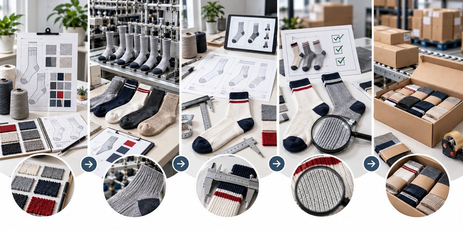 Sock production workflow from specification and manufacturing to inspection and shipment