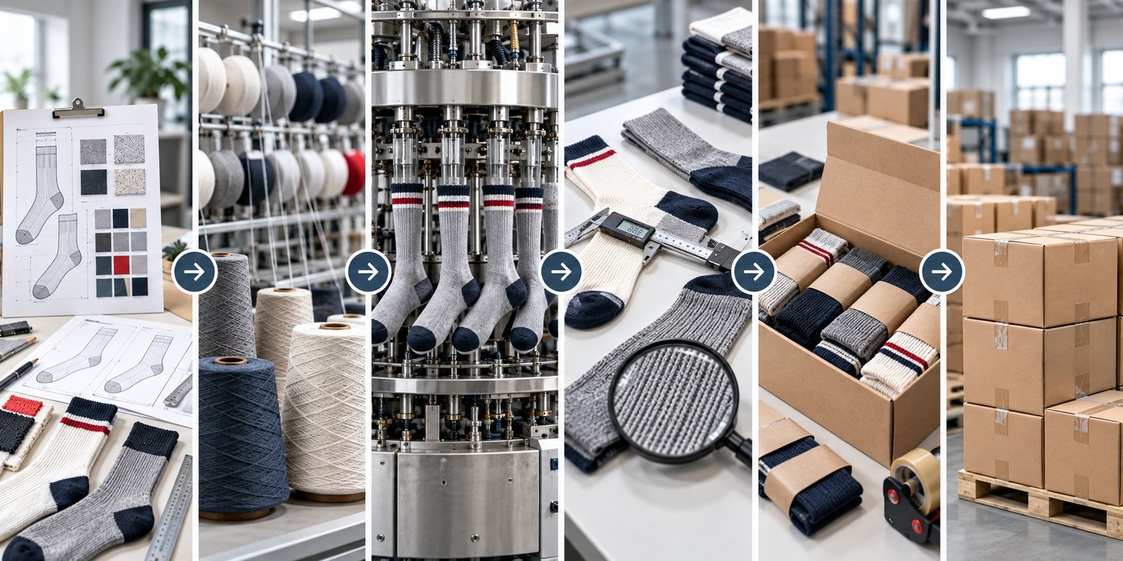 Complete sock production workflow from specifications and yarn preparation to inspection, packaging and shipment