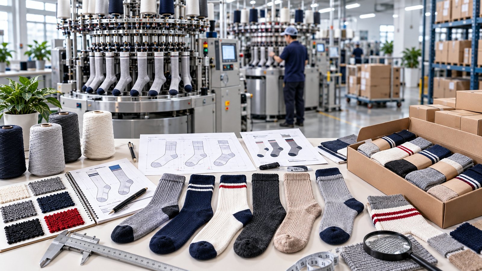 Sock production capacity with knitting machines, product specifications, yarns, quality checks and packaging