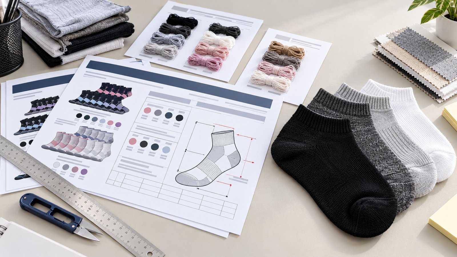 Custom sock development workspace with sock samples, yarn colour references, technical specification sheets and measuring tools