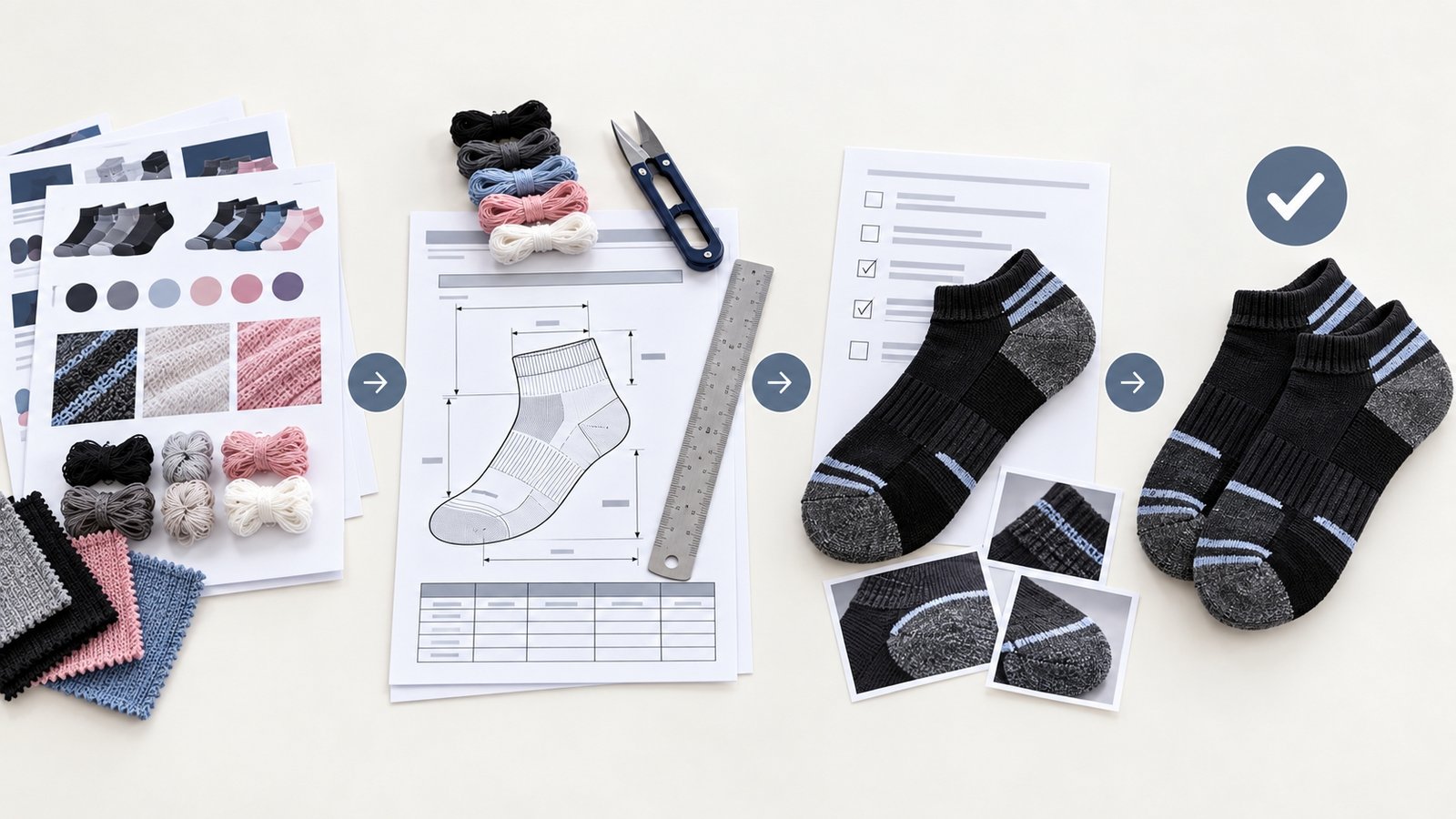 Custom sock development workflow from buyer brief and technical review through sampling to the approved sock reference
