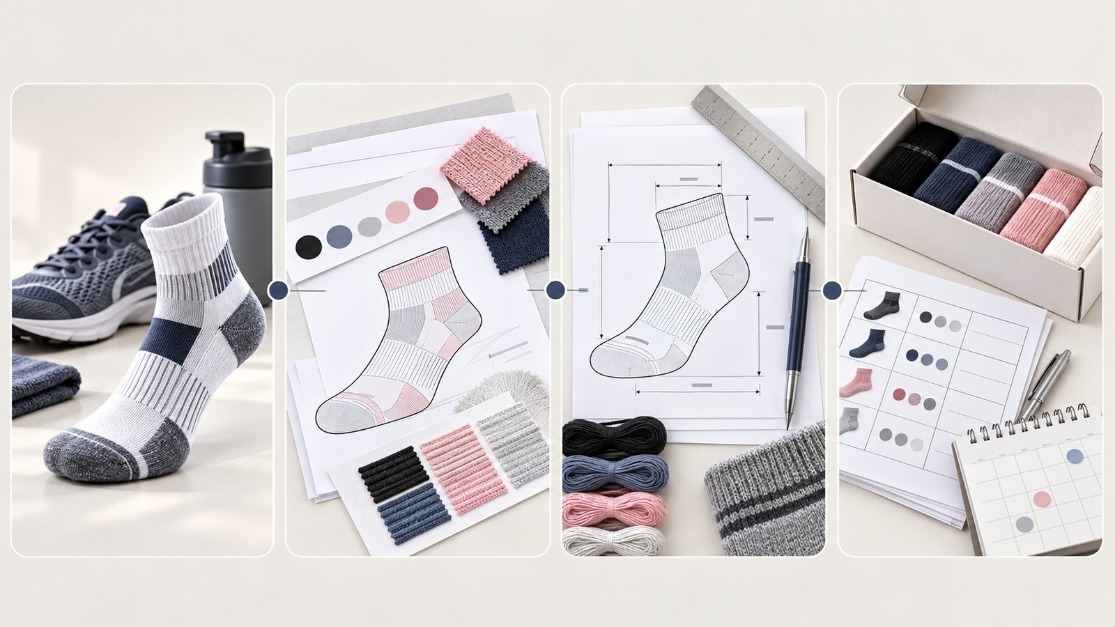 Four parts of a custom sock development brief covering intended use, design references, product specifications and commercial requirements